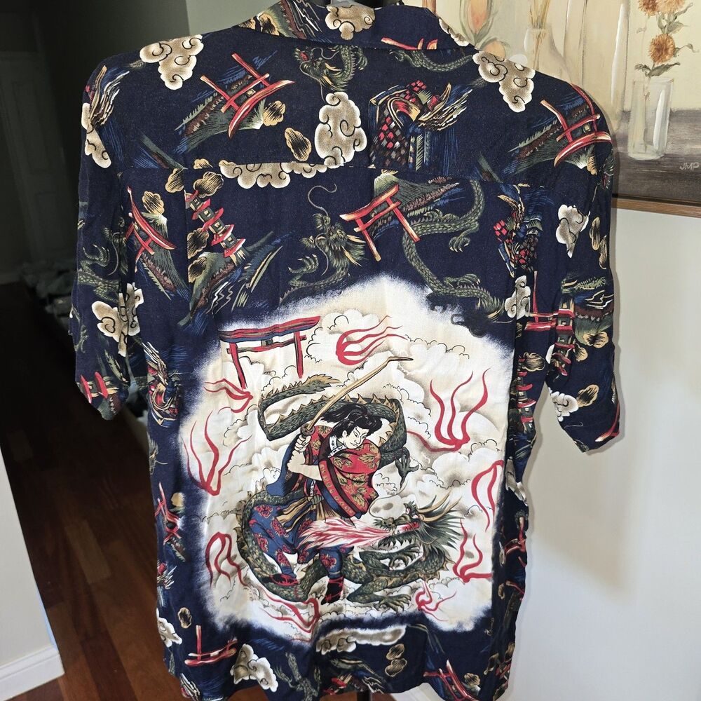 Red Dragon by Kensington SAMURAI Ethnic Novelty Shirt Mens Medium Vintage Button